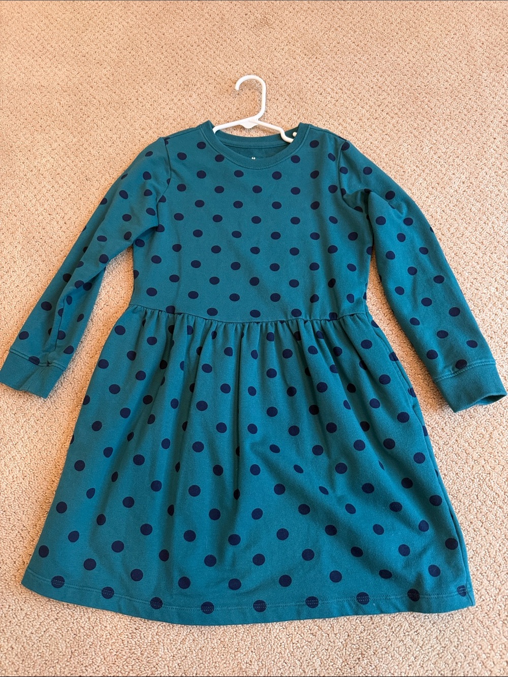 Girls Primary Teal Navy Polka Dot Long-Sleeve sweatshirt Dress with pockets